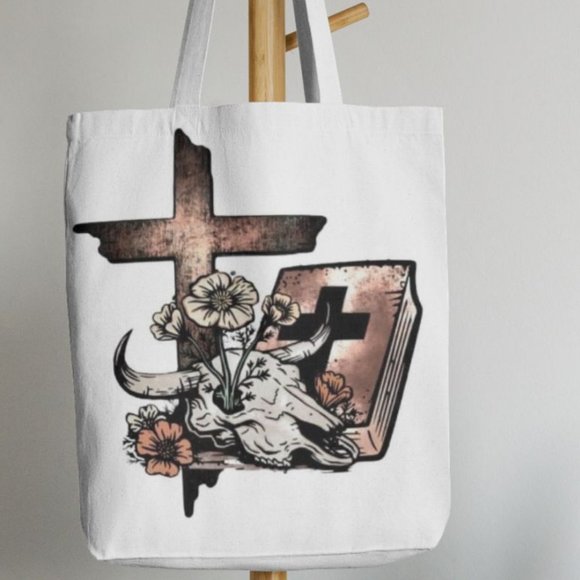 Cross Bull Skull Western Canvas Tote Bag - Picture 2 of 2